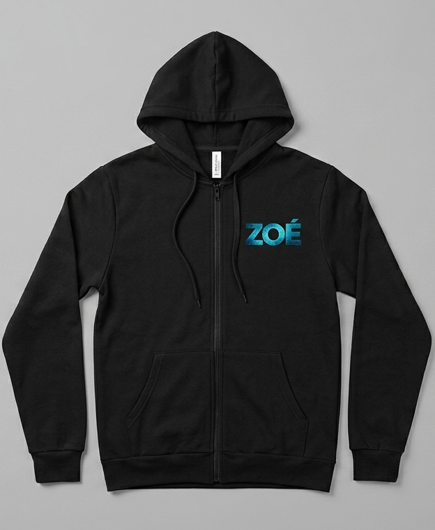 Vista frontal abierta de la sudadera oficial Zoé Tour 2026, diseño Memo Rex, color negro.