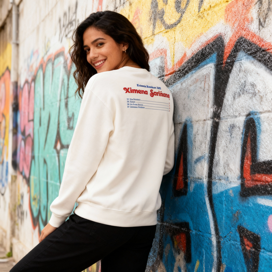 Fotografía en plano medio (medium shot) de una modelo mujer posando de espaldas frente a una pared colorida con grafiti, mostrando los textos y tipografías estampados detrás de la sudadera de Ximena Sariñana.