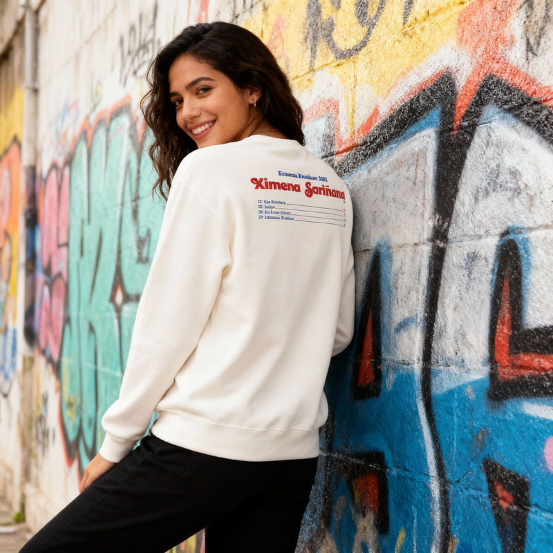Fotografía en plano medio (medium shot) de una modelo mujer posando de espaldas frente a una pared colorida con grafiti, mostrando los textos y tipografías estampados detrás de la sudadera de Ximena Sariñana.