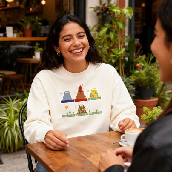 Fotografía en plano medio (medium shot) de una modelo mujer sonriendo sentada en una mesa de cafetería, vistiendo la sudadera blanca de cuello redondo de Ximena Sariñana con ilustraciones frontales.