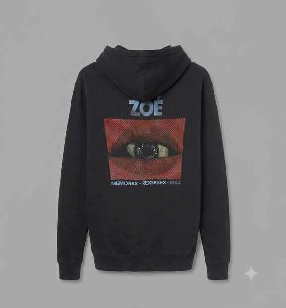 Arte gráfico de la espalda del hoodie Memo Rex, capturando la esencia espacial y retro de la gira.