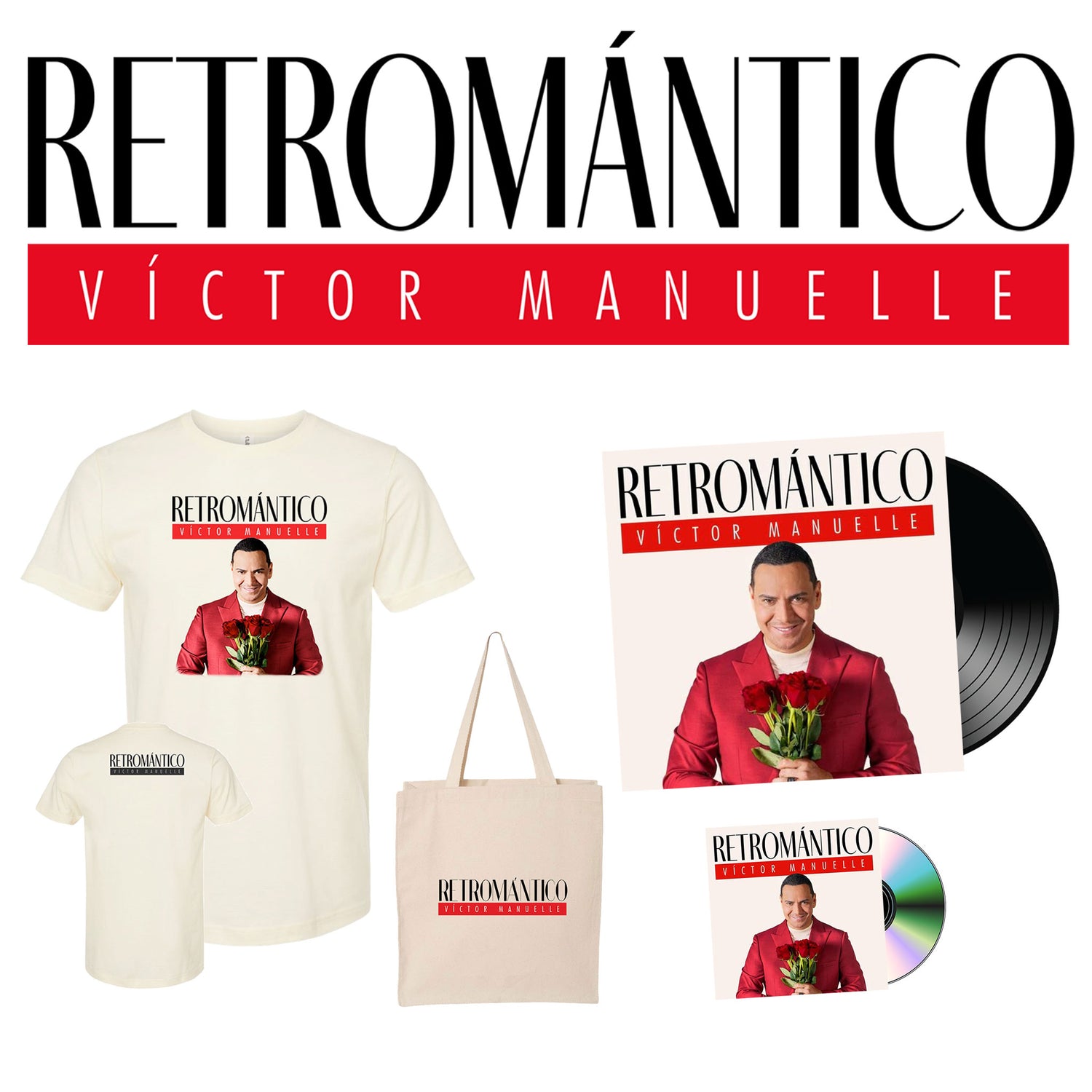 Maqueta digital sobre fondo blanco que muestra el contenido del Super Fan Bundle de Víctor Manuelle Retromántico, incluyendo la playera, la tote bag, el disco de vinilo y el CD.