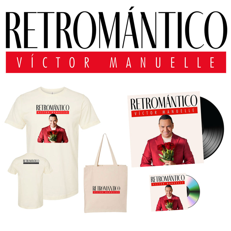 Maqueta digital sobre fondo blanco que muestra el contenido del Super Fan Bundle de Víctor Manuelle Retromántico, incluyendo la playera, la tote bag, el disco de vinilo y el CD.