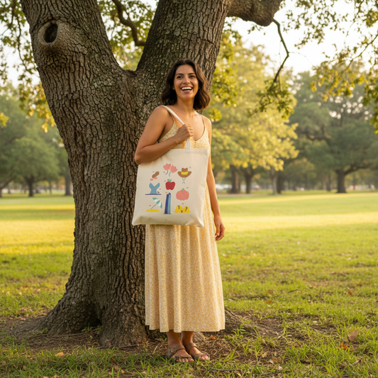 Fotografía en plano medio (medium shot) de una modelo de pie junto al tronco de un árbol grande, vistiendo un vestido largo y cargando la tote bag de Ximena Sariñana al hombro.