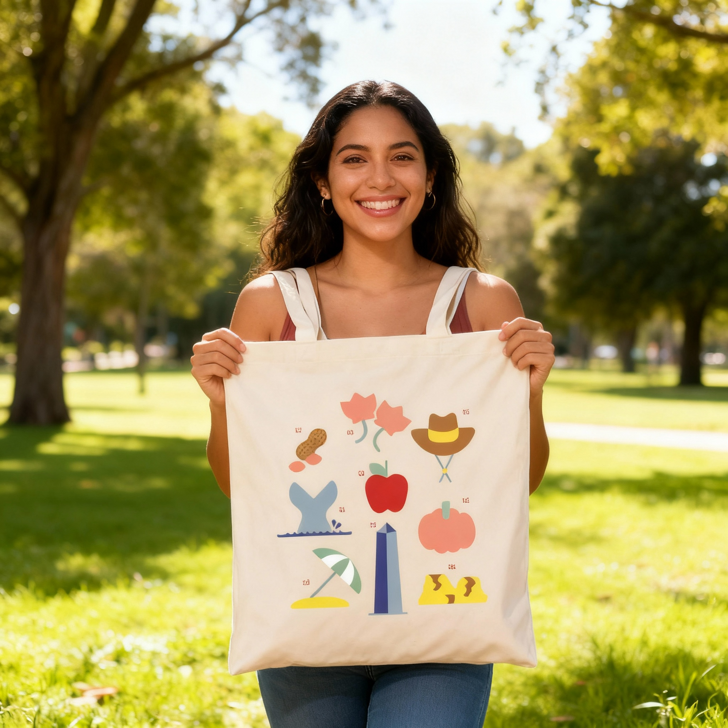 Fotografía en plano medio (medium shot) de una modelo mujer sonriendo de frente mientras sostiene firmemente la tote bag oficial de Ximena Sariñana en un parque, mostrando a detalle las ilustraciones impresas.