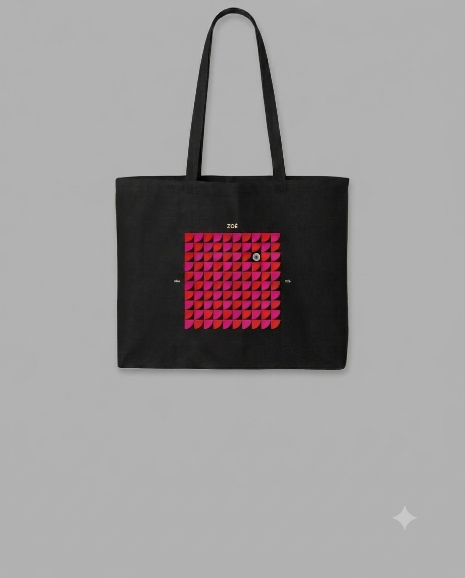 Tote bag negra con diseño gráfico geométrico inspirado en el Tour 2026 de Zoé.