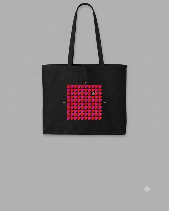 Tote bag negra con diseño gráfico geométrico inspirado en el Tour 2026 de Zoé.