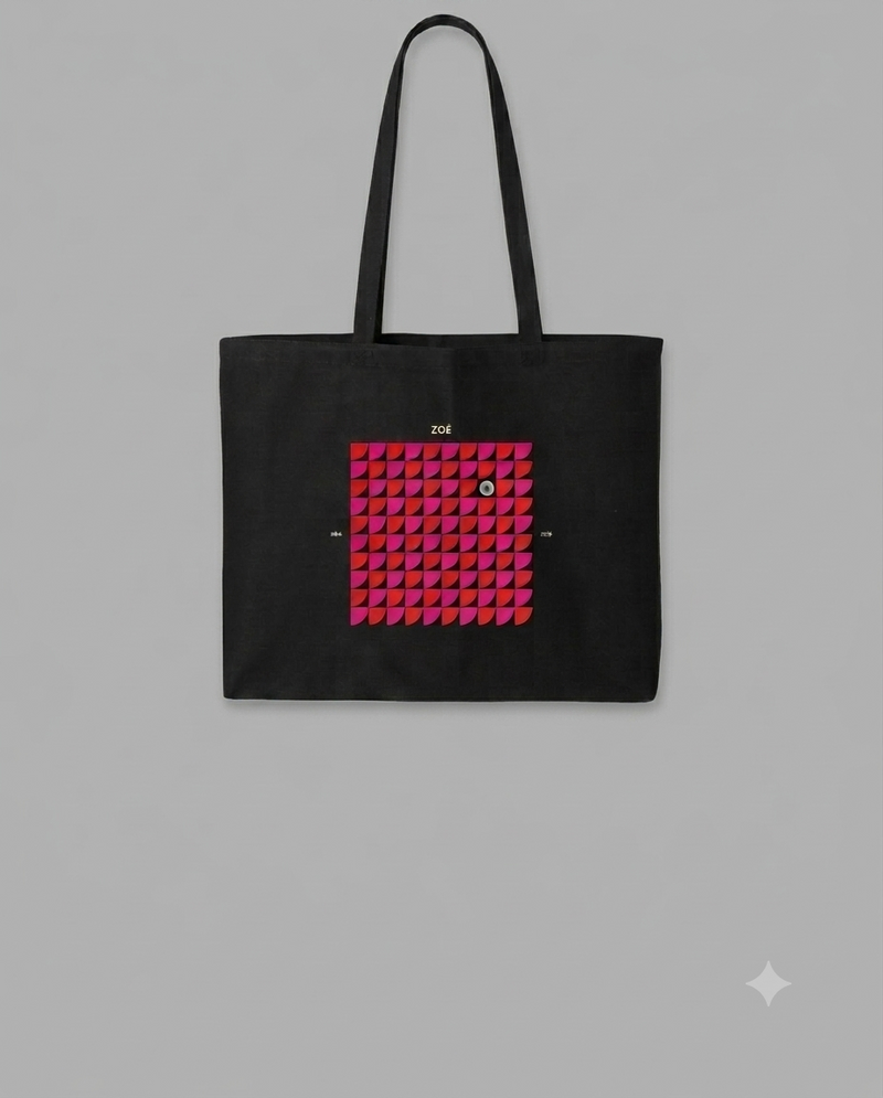 Tote bag negra con diseño gráfico geométrico inspirado en el Tour 2026 de Zoé.