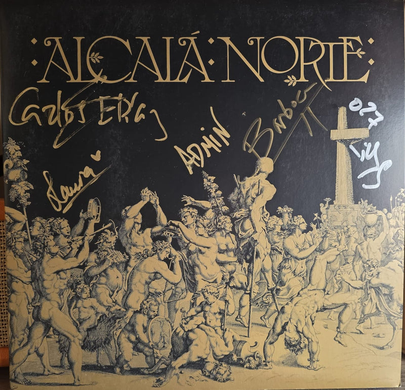 Primer plano en alta resolución del vinilo de Alcalá Norte mostrando la firma autógrafa original de la banda.