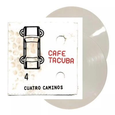 Fotografía del producto que muestra la portada del álbum Cuatro Caminos de Café Tacvba junto a uno de los discos de vinilo de 12 pulgadas expuesto a un costado.