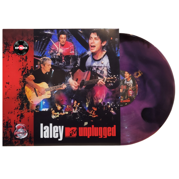 Funda oficial del álbum MTV Unplugged de La Ley junto a uno de los discos de vinilo de 12 pulgadas en formato negro y morado marmoleado.