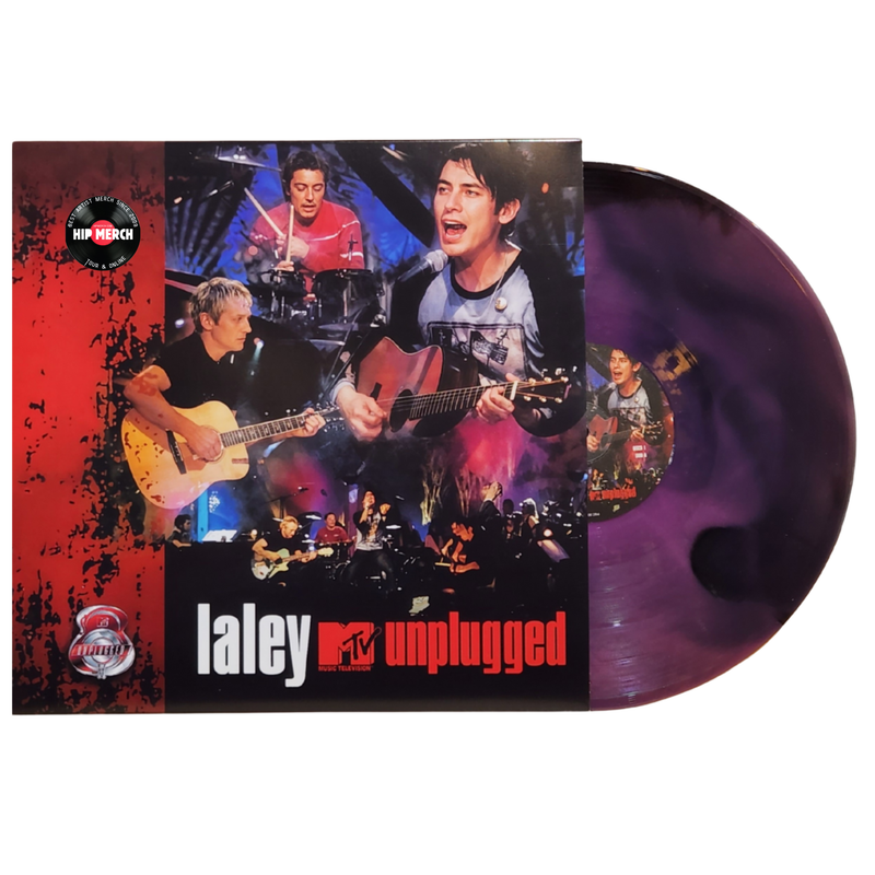 Funda oficial del álbum MTV Unplugged de La Ley junto a uno de los discos de vinilo de 12 pulgadas en formato negro y morado marmoleado.