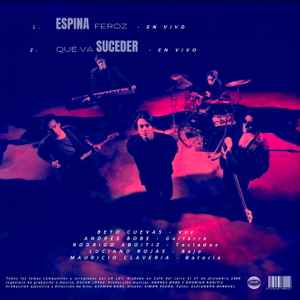 Contraportada en tonos azules y rojizos del vinilo de La Ley, mostrando la lista de canciones que incluye Espina Feroz y Qué Va A Suceder en vivo.