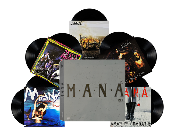 Imagen promocional sobre fondo blanco que muestra la caja gris con el nombre de Maná Vol. 1, rodeada por los discos de vinilo negros y las portadas de los álbumes incluidos en la colección.