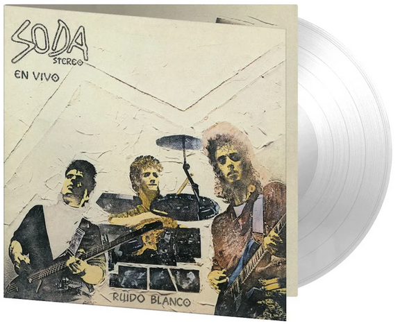 Funda del álbum en vivo Ruido Blanco de Soda Stereo mostrando el disco de vinilo en formato transparente sobresaliendo de su empaque original.