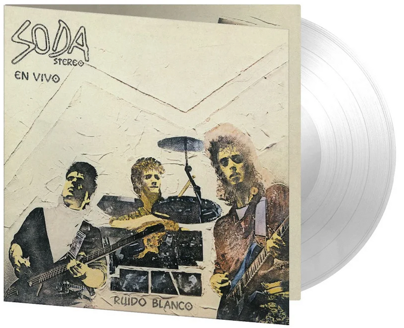 Funda del álbum en vivo Ruido Blanco de Soda Stereo mostrando el disco de vinilo en formato transparente sobresaliendo de su empaque original.