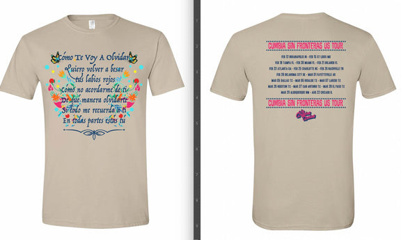 Maqueta oficial de la playera color arena de Los Ángeles Azules; al frente la letra de "Cómo Te Voy A Olvidar" y en la espalda el listado de ciudades del Cumbia Sin Fronteras US Tour.