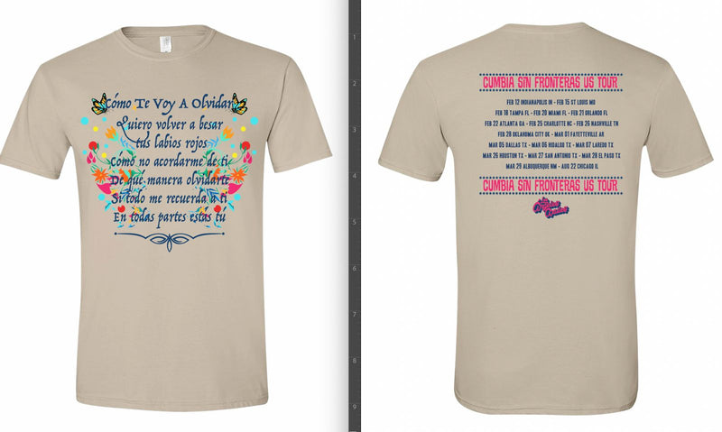 Maqueta oficial de la playera color arena de Los Ángeles Azules; al frente la letra de "Cómo Te Voy A Olvidar" y en la espalda el listado de ciudades del Cumbia Sin Fronteras US Tour.