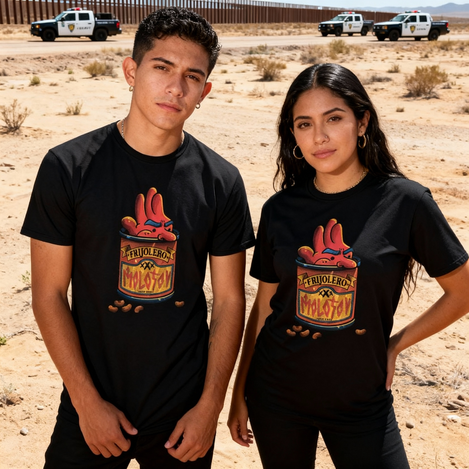 Pareja usando la playera oficial "Frijolero" de Molotov en una locación de desierto fronterizo, mostrando el diseño gráfico frontal de la lata de frijoles.