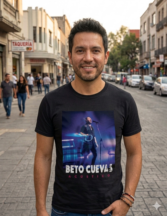 Modelo masculino luciendo la playera edición especial de Beto Cuevas Acústico 2026, diseño frontal en tonos azul sobre fondo negro.