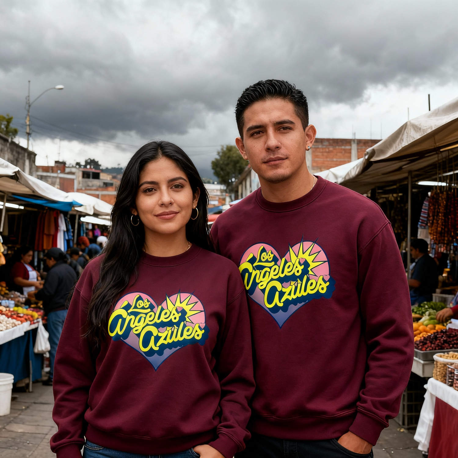 Pareja usando el crewneck oficial color guinda de Los Ángeles Azules con el logo de corazón, capturados en un mercado tradicional mexicano.
