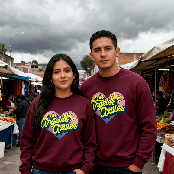 Pareja usando el crewneck oficial color guinda de Los Ángeles Azules con el logo de corazón, capturados en un mercado tradicional mexicano.