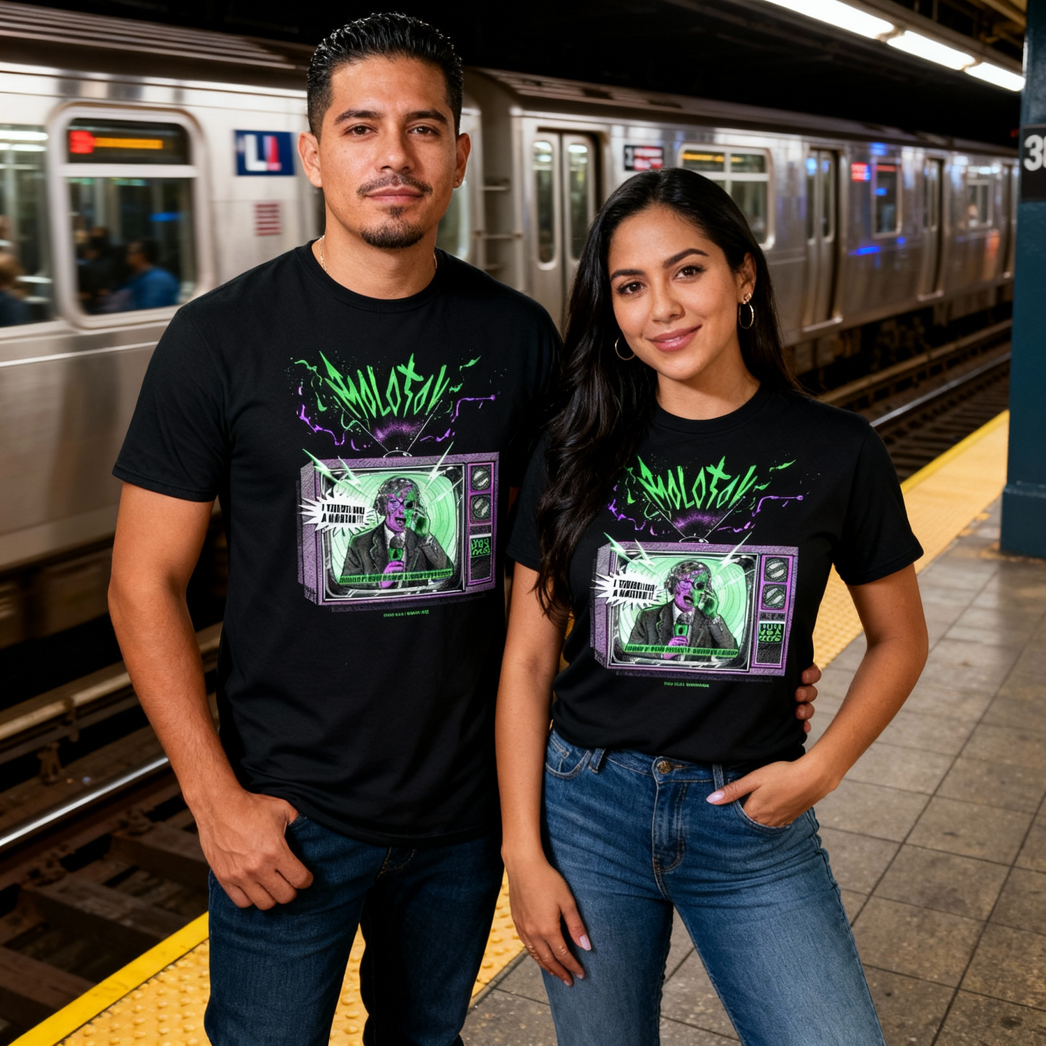 Pareja usando la playera oficial "Marciano" de Molotov en una estación del metro de Nueva York, mostrando el diseño gráfico frontal neón.