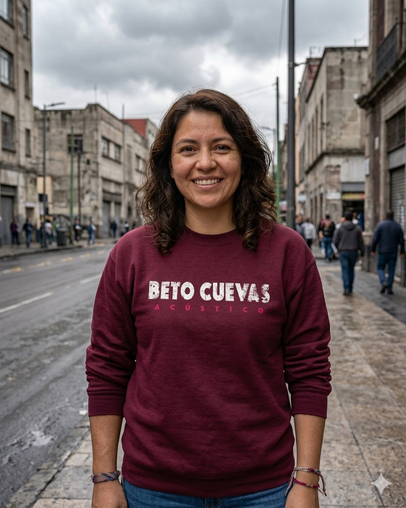 Modelo femenina con el crewneck oficial de la gira de Beto Cuevas 2026, mercancía original en color negro para el mercado de Estados Unidos.