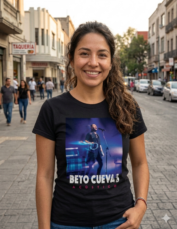 Modelo femenina con la playera oficial de la gira de Beto Cuevas 2026, combinación negro con azul, mercancía original del show acústico.