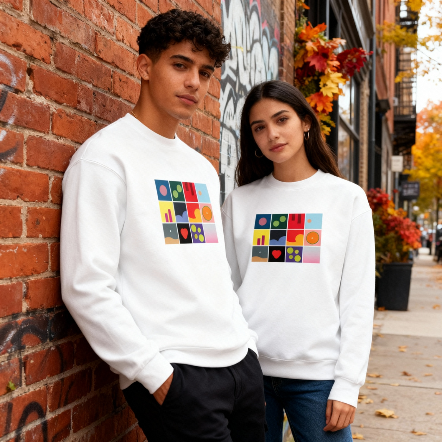 Pareja vistiendo el crewneck oficial de Danny Ocean en color blanco, con el arte gráfico multicolor del proyecto 54+1 en el pecho.