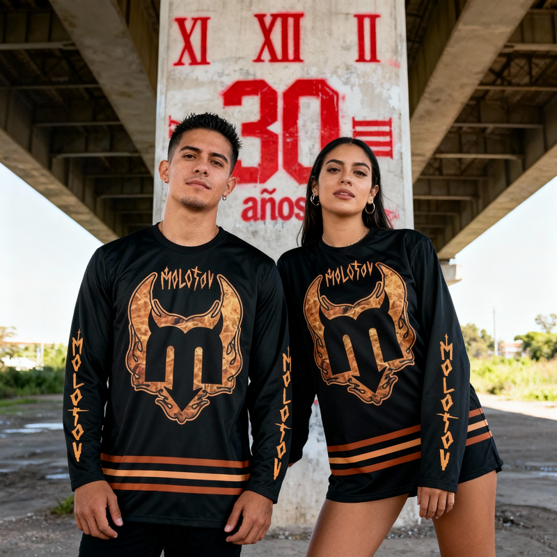 Pareja usando la jersey de hockey oficial de Molotov XXX Aniversario, diseño negro con detalles en naranja y logo frontal de la gira 2026.