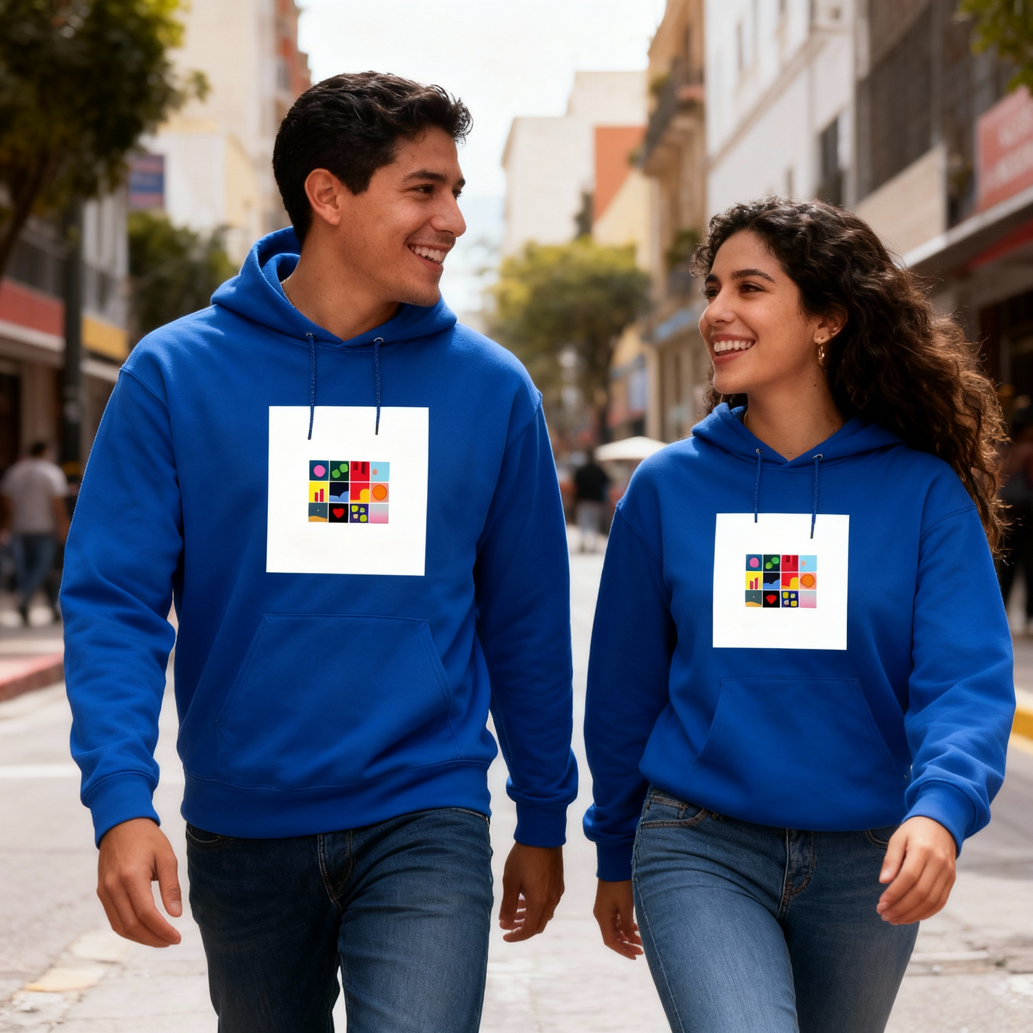 Pareja usando la sudadera con capucha oficial de Danny Ocean en color azul rey, con el diseño artístico del álbum 54+1 en el pecho.