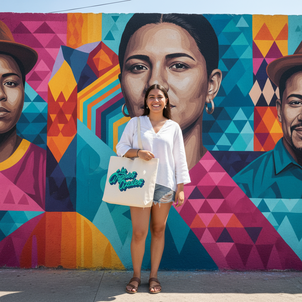 Modelo femenina luciendo la tote bag oficial de Los Ángeles Azules "Cumbia sin fronteras" frente a un mural azul icónico de Iztapalapa.