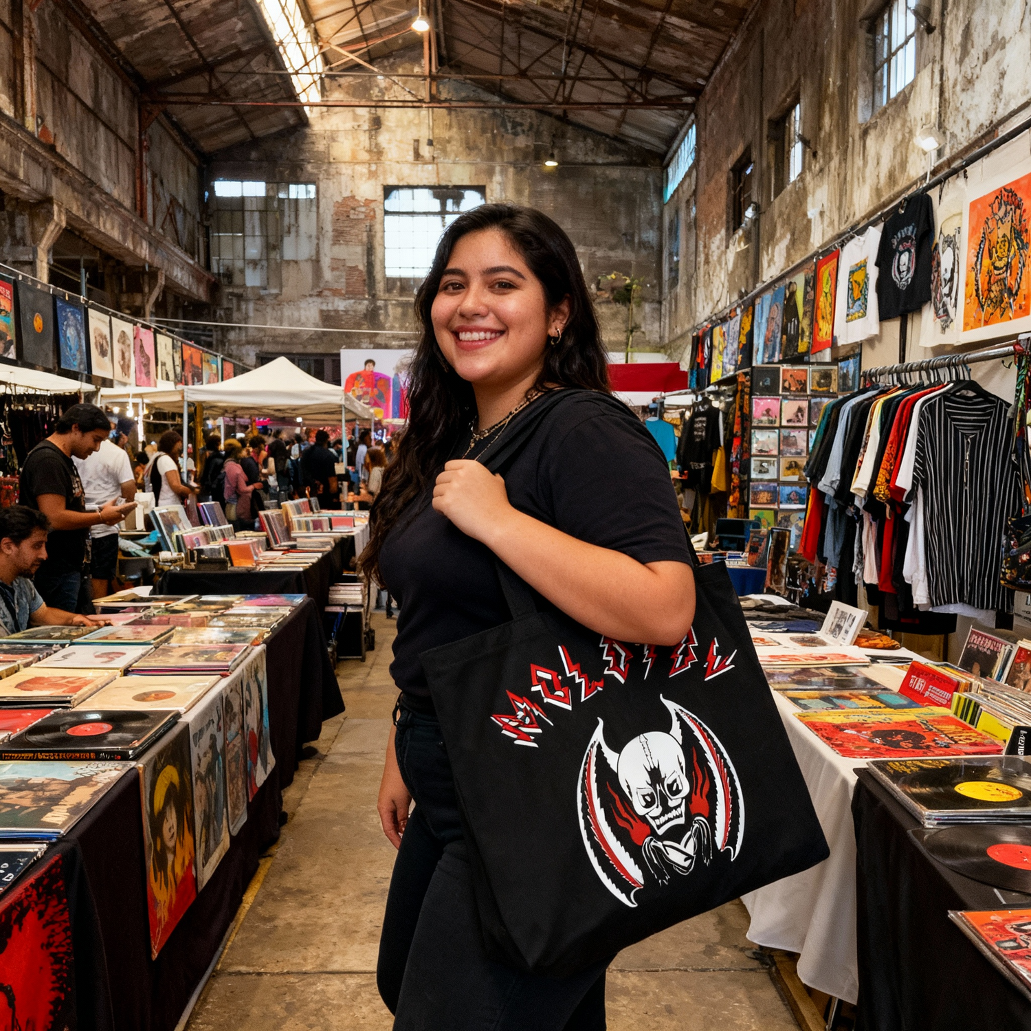 Mujer sonriente modelando la tote bag oficial de Molotov XXX Años en un mercado de vinilos, resaltando el diseño frontal de aniversario.