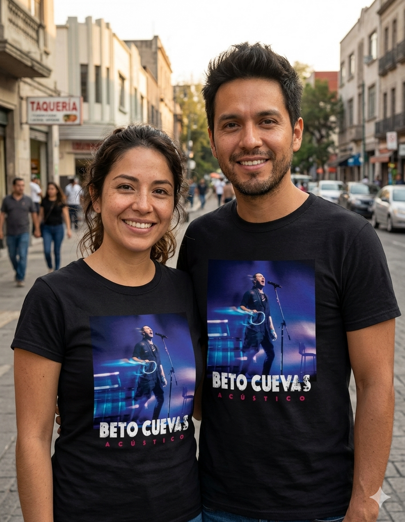 Pareja vistiendo la playera oficial de Beto Cuevas Acústico 2026 en color negro con detalles en azul, mostrando el diseño gráfico frontal.