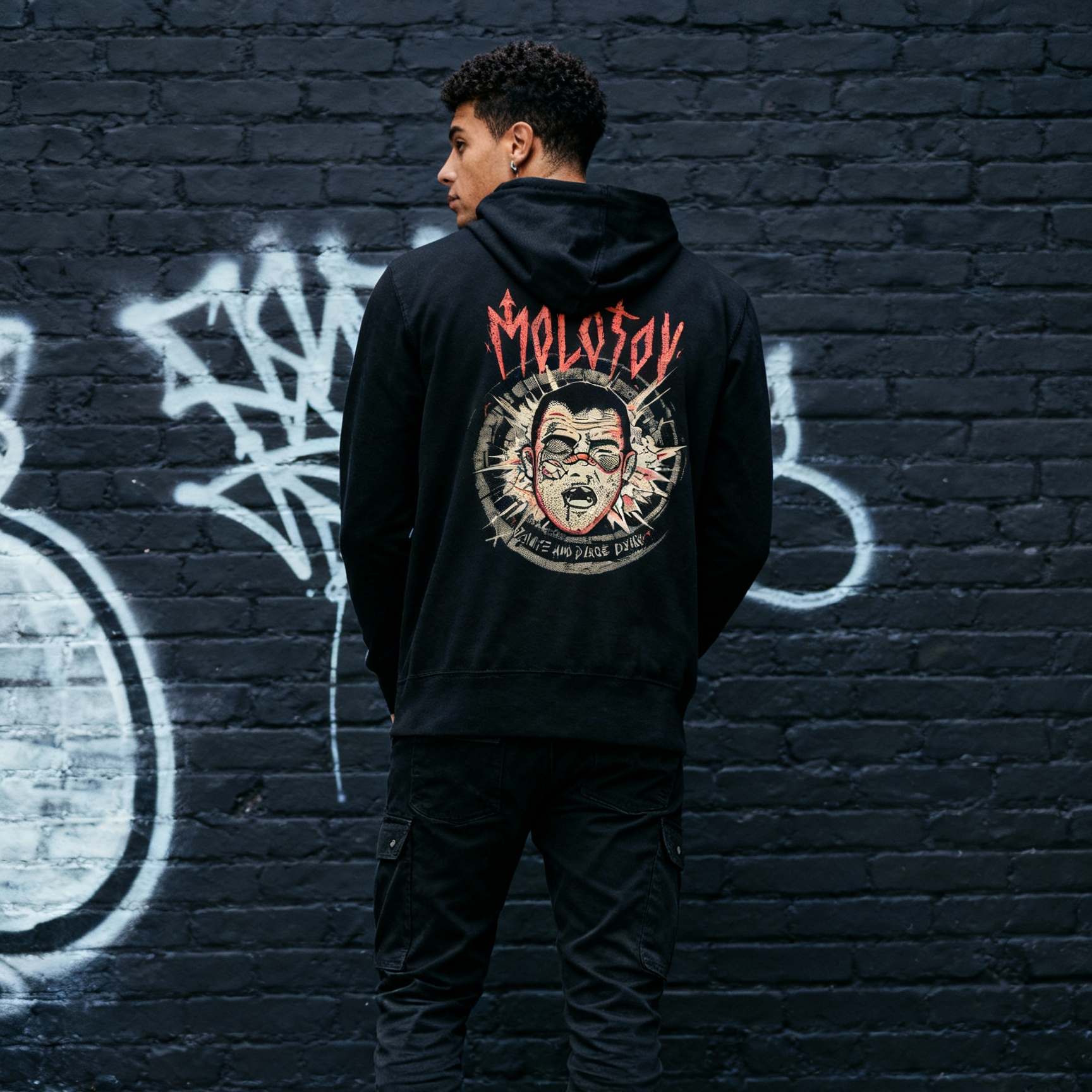 Person wearing a black hoodie with a graphic design on the back against a graffiti-covered wall.