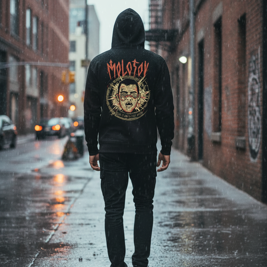 Person wearing a black hoodie with a graphic design on a city street