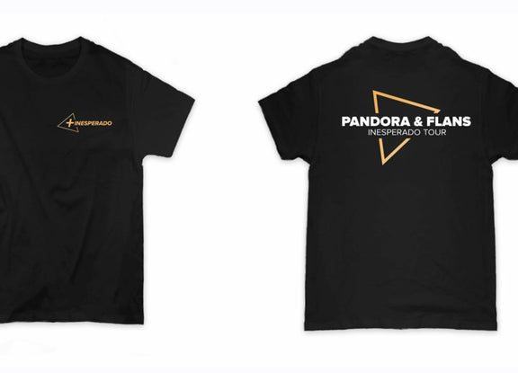 Maqueta digital con la vista frontal y trasera del diseño de la playera oficial de Pandora y Flans Tour US 2026 color negra.