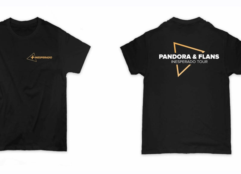 Maqueta digital con la vista frontal y trasera del diseño de la playera oficial de Pandora y Flans Tour US 2026 color negra.