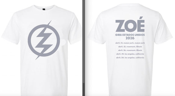 Maqueta digital que muestra la vista delantera con el logotipo del rayo y la vista trasera con las fechas de la playera oficial de Zoé color blanca.