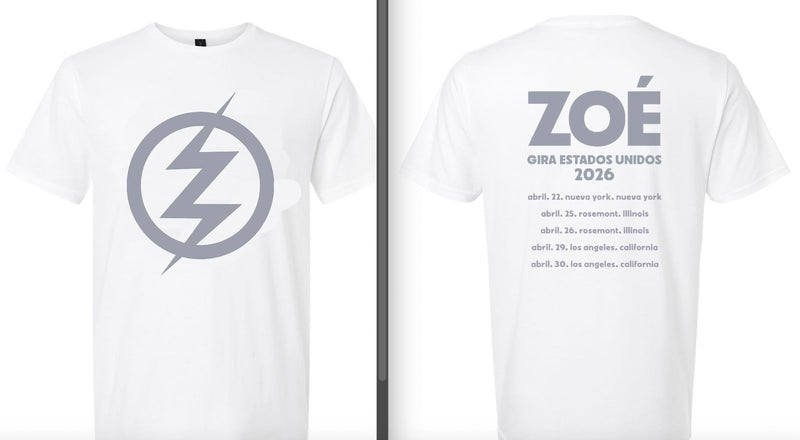 Maqueta digital que muestra la vista delantera con el logotipo del rayo y la vista trasera con las fechas de la playera oficial de Zoé color blanca.