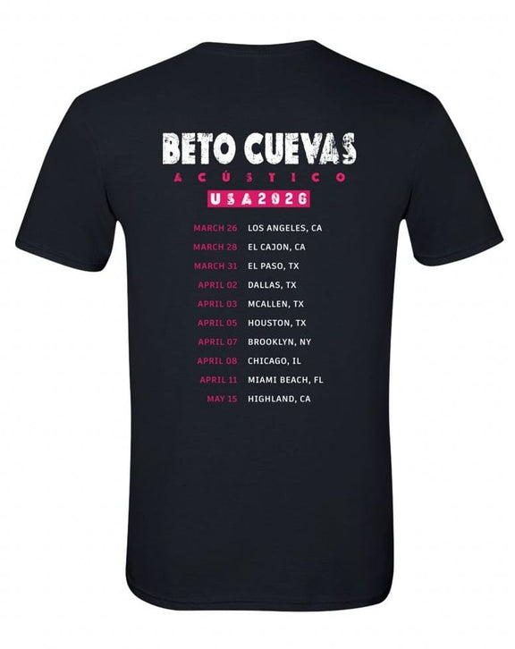 Maqueta digital del diseño trasero con el listado de fechas de la gira de la playera oficial negra de Beto Cuevas Acústico 2026.