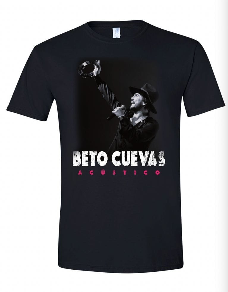 Maqueta digital del diseño frontal de la playera oficial de Beto Cuevas Acústico 2026 en color negra.