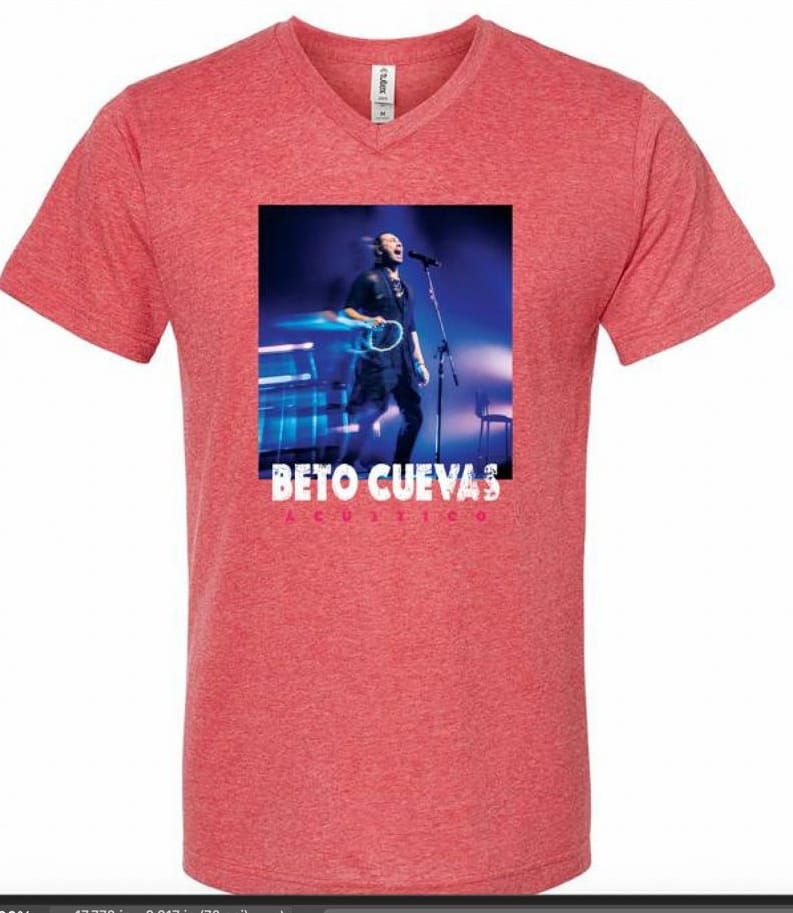 Maqueta digital del diseño frontal de la playera oficial de Beto Cuevas Acústico 2026 en color mamey.