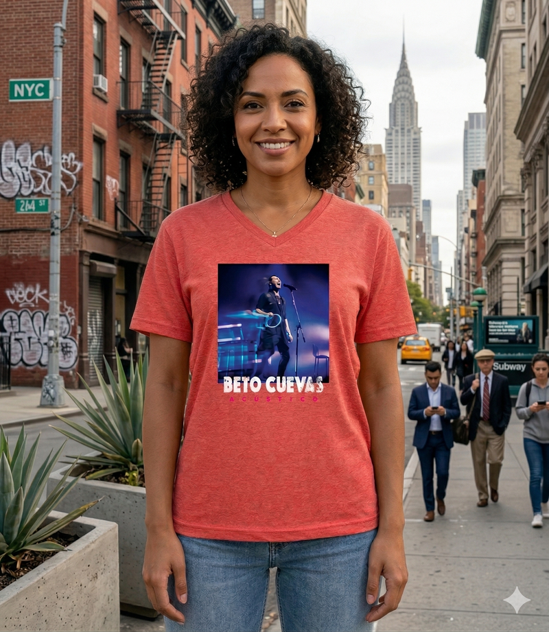 Modelo mujer vistiendo la playera oficial de la colección Acústico 2026 de Beto Cuevas color mamey.