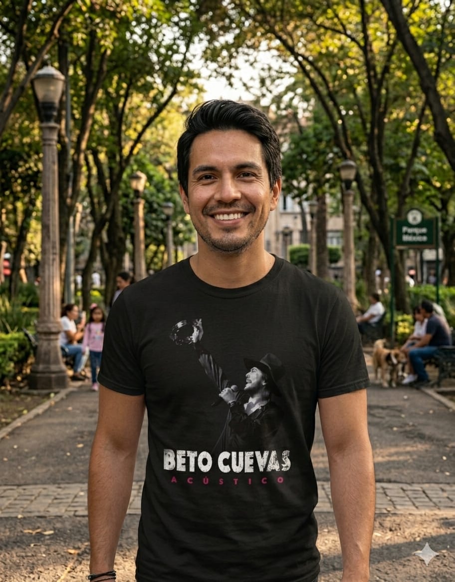 Modelo hombre mostrando la parte delantera y el diseño frontal de la playera oficial negra de Beto Cuevas Acústico 2026.
