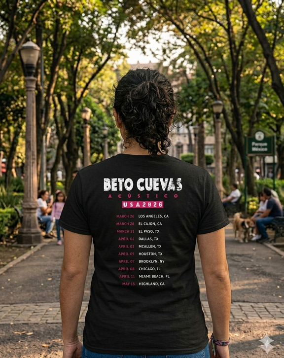 Modelo mujer de espaldas mostrando el diseño y las fechas del tour de la playera oficial negra de Beto Cuevas Acústico 2026.