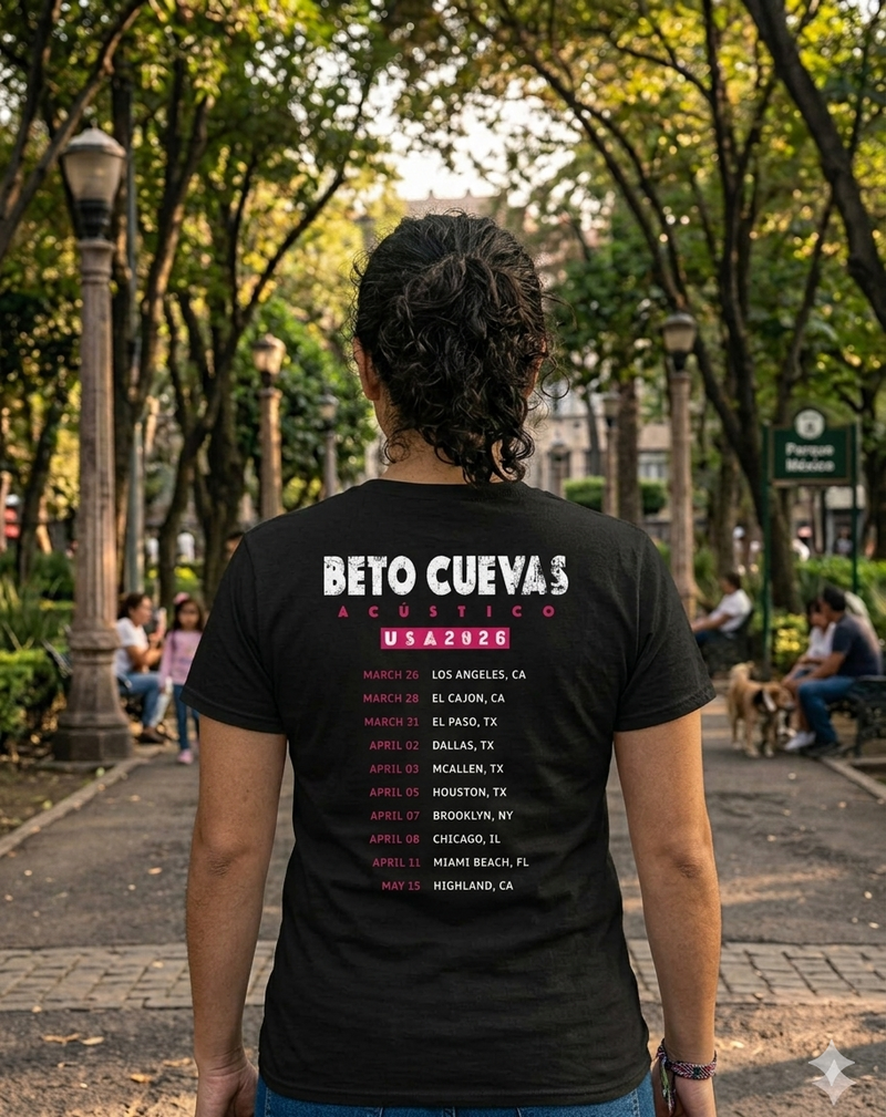 Modelo mujer de espaldas mostrando el diseño y las fechas del tour de la playera oficial negra de Beto Cuevas Acústico 2026.