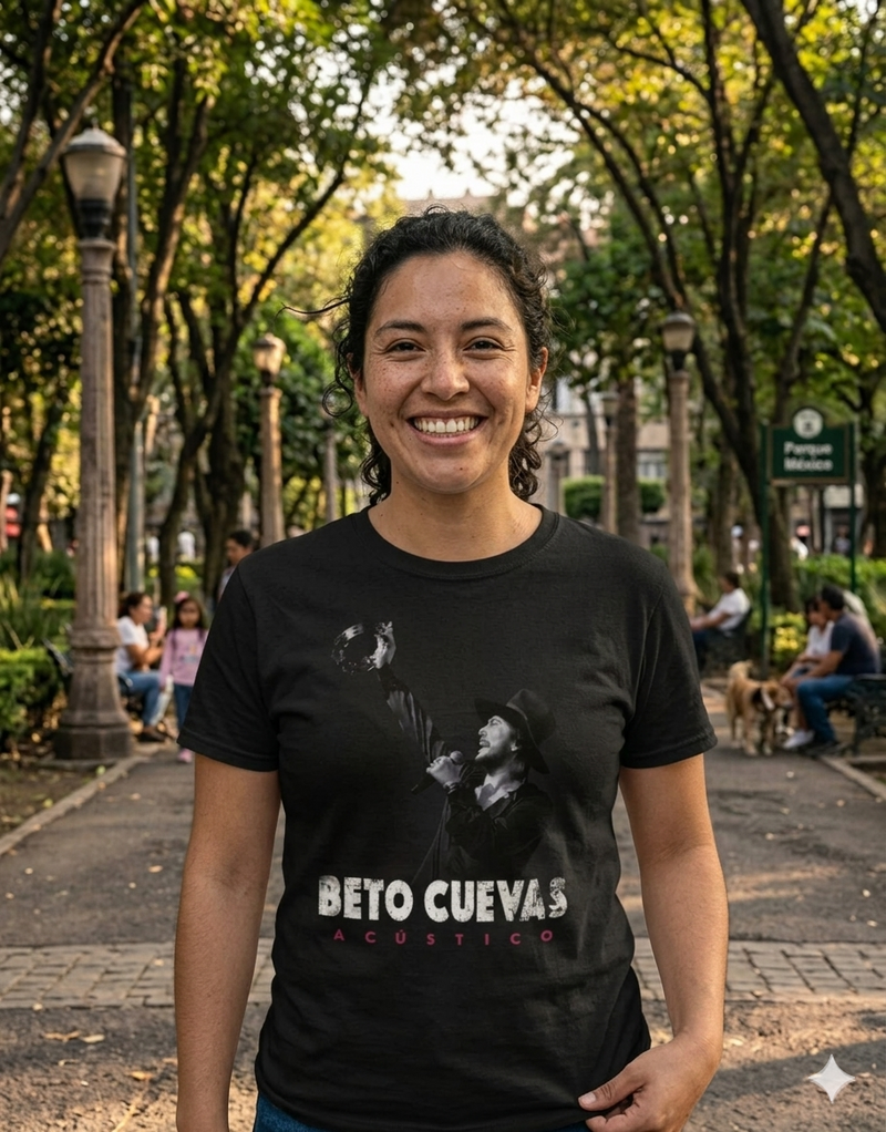Modelo mujer vistiendo y mostrando la parte delantera de la playera oficial negra de la colección Beto Cuevas Acústico 2026.