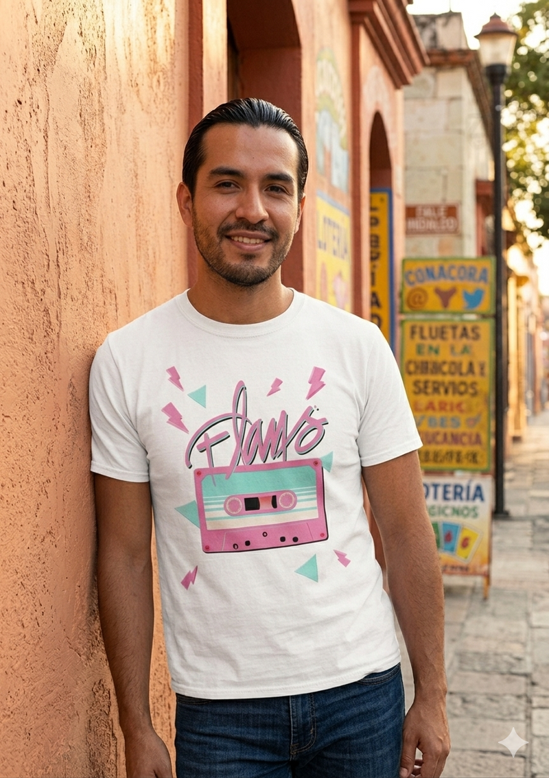 Modelo hombre vistiendo la playera oficial blanca de la gira de Pandora & Flans Tour US 2026.